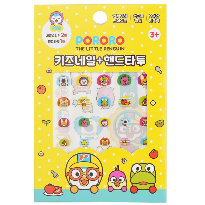 Pororo Nail + Hand Tattoo - # SPR 01 (Suitable for 3 years old or above) A pack of cute & lovely nail + hand tattoo for kids Features the characters from Korean cartoon “Pororo”, such as the main character - the curious & mischievous little penguin Pororo & his friends - the gentle polar bear Poby, the nosy fox Eddy & the timid little beaver Loppy Gives kids' nails & hand a fun makeover Great party favor or fun activity at home Easy to apply & stays on for a long time Safe & kid-friendly Available in an array of patterns