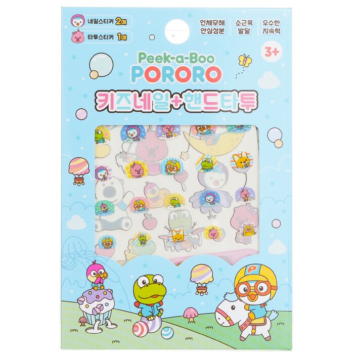 Pororo Nail + Hand Tattoo - # SPR 02 (Suitable for 3 years old or above) A pack of cute & lovely nail + hand tattoo for kids Features the characters from Korean cartoon “Pororo”, such as the main character - the curious & mischievous little penguin Pororo & his friends - the gentle polar bear Poby, the nosy fox Eddy & the timid little beaver Loppy Gives kids' nails & hand a fun makeover Great party favor or fun activity at home Easy to apply & stays on for a long time Safe & kid-friendly Available in an array of patterns