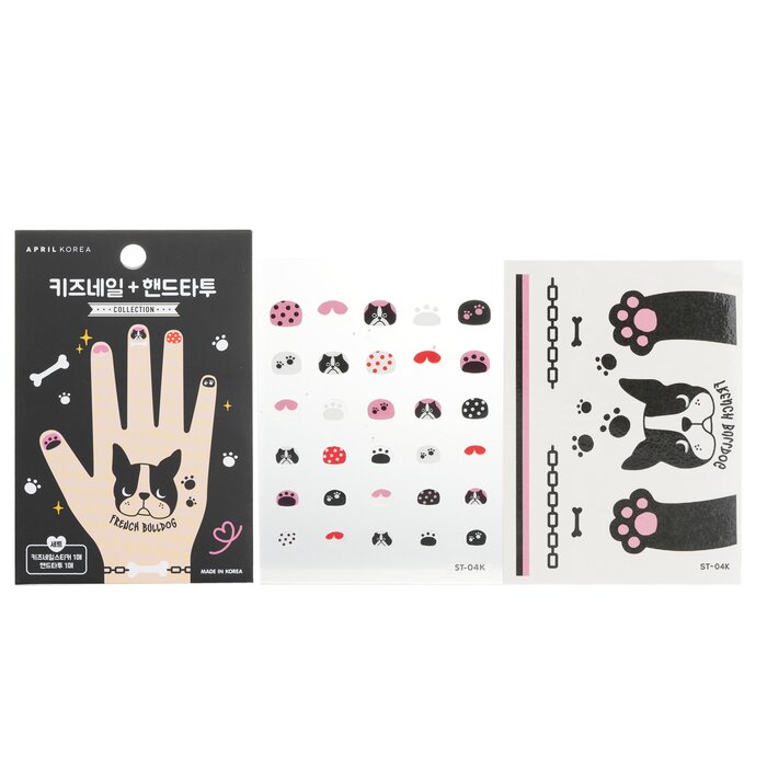 April Nail + Hand Tattoo - # ST-04K A pack of adorable nail & hand sticker for kids Features super cute prints such as French bulldog, cat, princess, castle, etc Gives kids' nails & hand a fun makeover Great party favor or fun activity at home Improves kids’ focus & muscles through hand-eye coordination & fine skills The thickness of the stickers was increased to provide excellent adhesion & durability Helps prevent kids from their habit of biting nails Manufactured with safe ingredients such as water-based adhesive that are harmless to the human body & obtained the KC certification & US CPSIA certification Available in an array of patterns