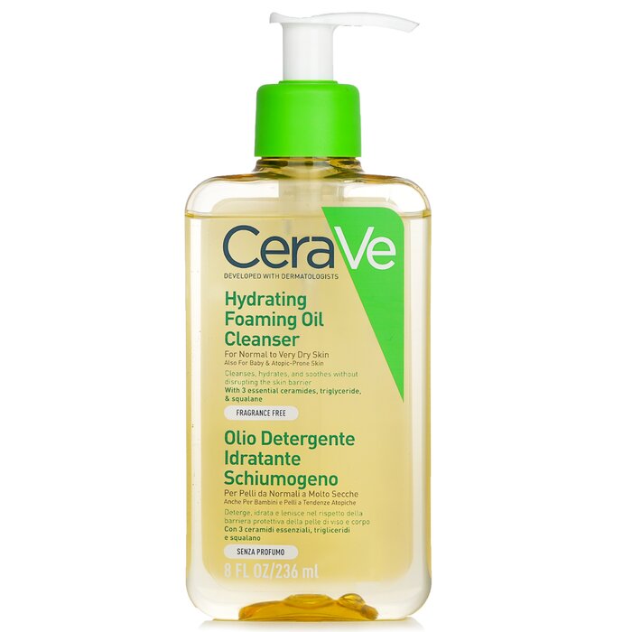 A foaming oil-based facial cleanser developed with dermatologists The oil texture transforms to foam when lathered on skin to effectively remove excess dirt & impurities, without stripping skin barrier Provides an ultra-mild yet efficient cleanse without leaving skin too dry or greasy Contains a unique combination of triglycerides & plant derived squalane oils to replenish skin’s natural lipids after cleansing Blended with 3 essential ceramides that help restore skin’s outer protective barrier to reduce transepidermal water loss, resulting in healthier-looking skin Enhanced with Hyaluronic Acid to lock in moisture to skin Leaves skin feeling soft, smooth & balanced Ideal for normal to very dry skin, baby skin & allergy-prone skin Non-comedogenic, soap-free, pH neutral & allergy-tested