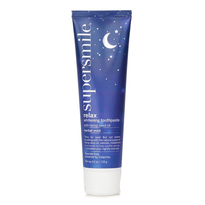 A fluoride-free toothpaste designed to promote relaxation & calm Made with clean ingredients that are safe, gentle to whiten teeth Powered by Calprox®, a proprietary ingredient invented by Dr. Smigel & the Supersmile team that gently whitens & cleanses teeth without causing sensitivity Contains hemp, valerian, melatonin & other natural calming herbs Infused with calcium & phosphates to help build additional strength while protecting against cavities Promotes healthy teeth & gums, unveiling a brighter, whiter smile