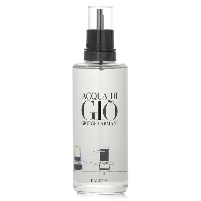 A Refill bottle for ACQUA DI GIÒ Parfum ACQUA DI GIÒ Parfum is a woody aquatic fragrance for modern men Distinguished by its incense notes, which bring an incandescent intensity to the emblematic marine notes A representative of a rugged landscape meeting the ocean’s strength & immensity Developed with natural & sustainably sourced ingredients Deep, fresh, intense, vibrant, charismatic, powerful & addictive Top notes are marine notes & bergamot Middle notes are rosemary, clary sage & geranium Base notes are patchouli & olibanum Launched in 2023